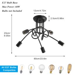 Pheashine Industrial Ceiling Light Black 5 Lamps E27 Lamp Holder 600x230mm - thumbnail 3