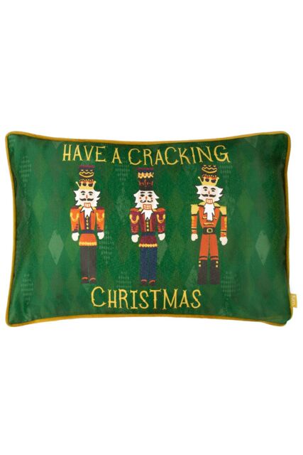 Furn Nutcracker Cracking Christmas Printed Piped Velvet Cushion in Green - Size: 30 cm x 50 cm - image 1