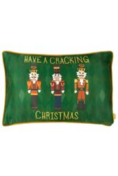 Furn Nutcracker Cracking Christmas Printed Piped Velvet Cushion in Green - Size: 30 cm x 50 cm