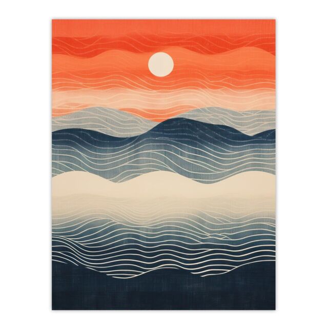 "Wee Blue Coo Wall Art Print Low Sun High Tide Blue Orange Seascape Living Room - Size: W24"" x H32""" - image 1