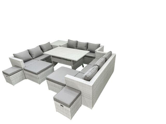 Fimous Rattan Garden Furniture Dining Set 13 Seater Lounge Sofa Dining Table Set with 4 Footstools Side Table Light Grey Mixed - image 1