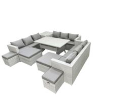 Fimous Rattan Garden Furniture Dining Set 13 Seater Lounge Sofa Dining Table Set with 4 Footstools Side Table Light Grey Mixed - thumbnail 1