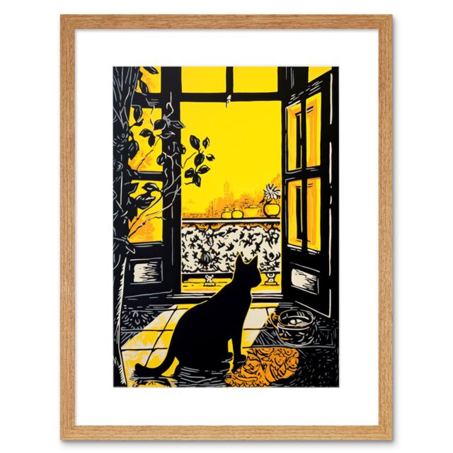"Artery8 Wall Art Print Black Cat Sunbathing by Balcony Oil Painting Yellow Black Bright Mediterranean Sun Artwork Framed 9X7 Inch - Size: W7"" x H9""" - image 1