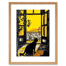 "Artery8 Wall Art Print Black Cat Sunbathing by Balcony Oil Painting Yellow Black Bright Mediterranean Sun Artwork Framed 9X7 Inch - Size: W7"" x H9""" - thumbnail 1