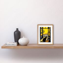 "Artery8 Wall Art Print Black Cat Sunbathing by Balcony Oil Painting Yellow Black Bright Mediterranean Sun Artwork Framed 9X7 Inch - Size: W7"" x H9""" - thumbnail 2