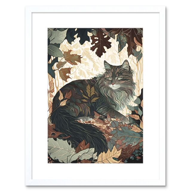 "Artery8 Wall Art Print Norwegian Forest Cat Resting Under Bush Trees Modern Artwork Framed 9X7 Inch in White - Size: W7"" x H9""" - image 1