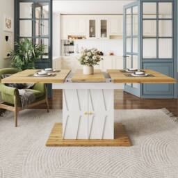 Merax Extendable Dining Table with Storage & Geometric Relief Pattern in White - thumbnail 5