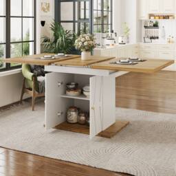 Merax Extendable Dining Table with Storage & Geometric Relief Pattern in White - thumbnail 3