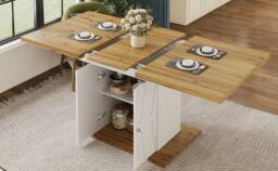 Merax Extendable Dining Table with Storage & Geometric Relief Pattern in White - thumbnail 7