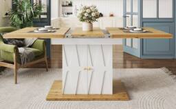 Merax Extendable Dining Table with Storage & Geometric Relief Pattern in White - thumbnail 9
