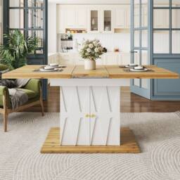 Merax Extendable Dining Table with Storage & Geometric Relief Pattern in White - thumbnail 2