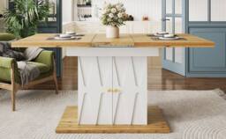 Merax Extendable Dining Table with Storage & Geometric Relief Pattern in White - thumbnail 6