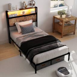 Rolipo 90cm Single Metal Bed Frame with Smart RGB LED & Storage Headboard in Black - Size: Double - thumbnail 2