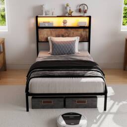 Rolipo 90cm Single Metal Bed Frame with Smart RGB LED & Storage Headboard in Black - Size: Double