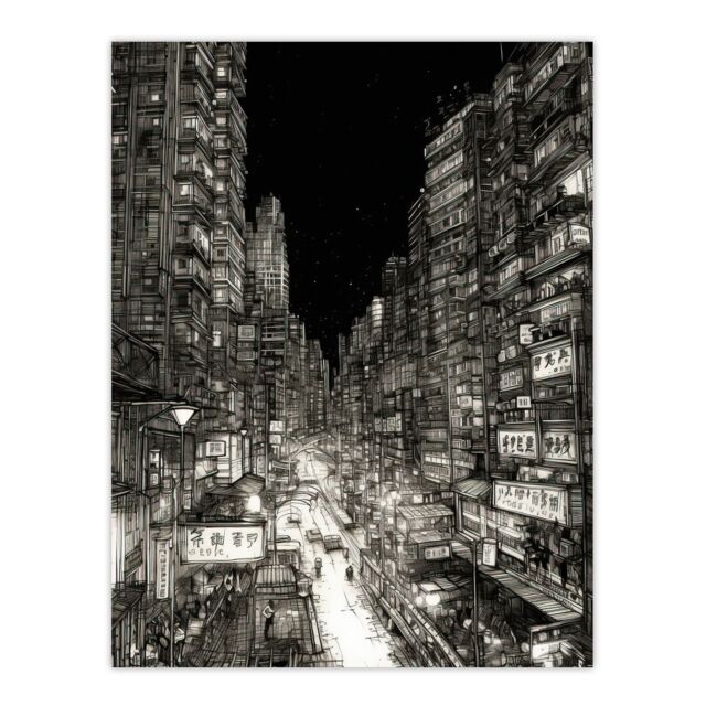 "Artery8 Downtown Tokyo Sketch Cityscape Pen & Ink Drawing Japan Black White Large Wall Art Poster Print Thick Paper 18X24 Inch - Size: W18"" x H24""" - image 1
