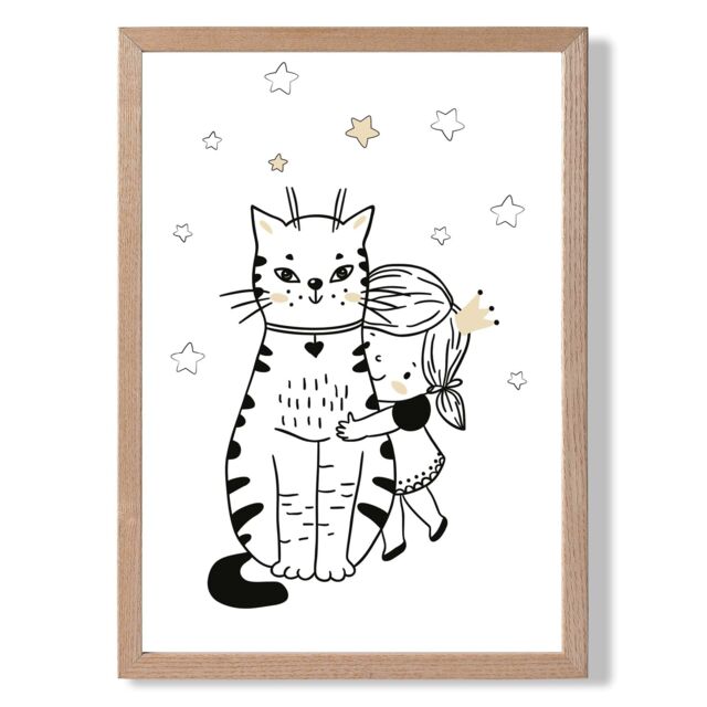 ARTZE Scandi Princess Little Hugging Cat Framed Print SIZE: A4 with Oak Frame in Black - image 1