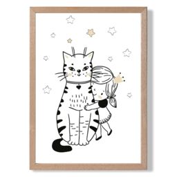 ARTZE Scandi Princess Little Hugging Cat Framed Print SIZE: A4 with Oak Frame in Black - thumbnail 1
