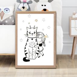 ARTZE Scandi Princess Little Hugging Cat Framed Print SIZE: A4 with Oak Frame in Black - thumbnail 2