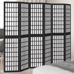 Berkfield Home Room Divider 6 Panels Black Solid Wood Paulownia - thumbnail 2
