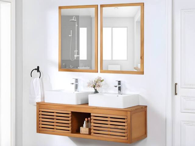 Vente-unique Acacia Wood Wall-Hung Bathroom Unit With Double Basin & Mirrors in Walnut - image 1