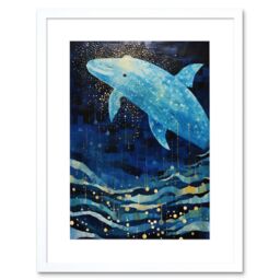 "Artery8 Wall Art Print Blue Whale Breach in Winter Waters Moonlit Seascape Waves Artwork Framed 9X7 Inch in White - Size: W7"" x H9""" - thumbnail 1