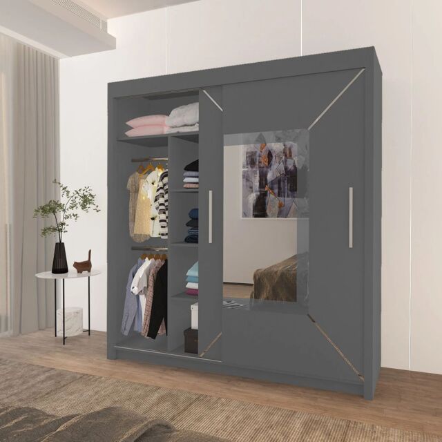 Interior Emporium Ltd IE Stylish Venice Bedroom Wardrobe with Double Sliding Doors without LED Lighting ( Grey, 203 cm ) in Grey - image 1