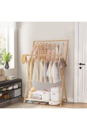 Living and Home 2-Rod Bedroom Floor Stand Solid Wooden Cloak Coat Rack Garment Shelf Holder in Natural - thumbnail 3
