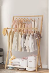 Living and Home 2-Rod Bedroom Floor Stand Solid Wooden Cloak Coat Rack Garment Shelf Holder in Natural - thumbnail 2