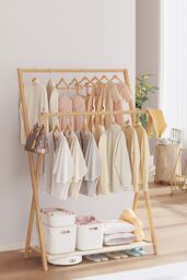 Living and Home 2-Rod Bedroom Floor Stand Solid Wooden Cloak Coat Rack Garment Shelf Holder in Natural - thumbnail 1