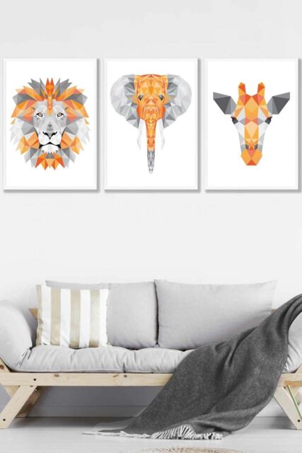 ARTZE Set of 3 White Framed Geometric Orange Grey Jungle Animal Heads Wall Art - Size: W33 cm x H45 cm x D20mm - image 1