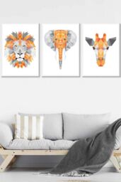 ARTZE Set of 3 White Framed Geometric Orange Grey Jungle Animal Heads Wall Art - Size: W33 cm x H45 cm x D20mm - thumbnail 1