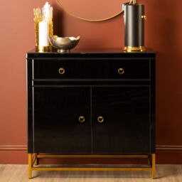 Orsina Elegant Black Cabinet, Classic Ample Storage Black Finished Chest With Gold Handles, Versatile Wooden Cabinet