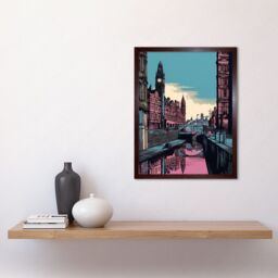 "Artery8 Wall Art Print Leeds Canal Cityscape Pink & Teal Art Framed in Brown - Size: W12"" x H16""" - thumbnail 2