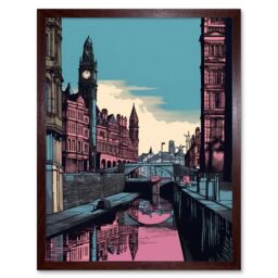 "Artery8 Wall Art Print Leeds Canal Cityscape Pink & Teal Art Framed in Brown - Size: W12"" x H16""" - thumbnail 1