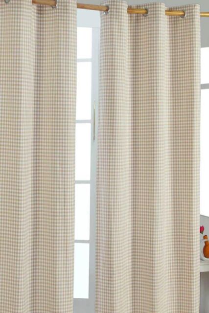 Homescapes Cotton Gingham Eyelet Curtain Pair in Beige - Size: 117 cm width x 137 cm drop - image 1