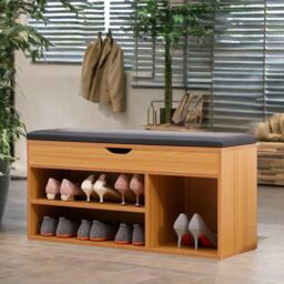 Rafaelo Mobilia Wooden Shoe Storage Bench With Cushioned Seat 90CM in Light Tan