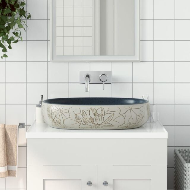 Berkfield Home Countertop Basin Sand & Blue Oval 59x40x14 cm Ceramic - Size: 59 x 40 x 14 cm - image 1