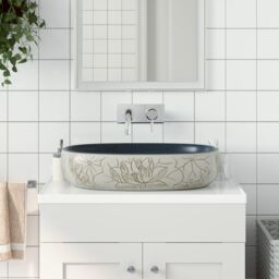 Berkfield Home Countertop Basin Sand & Blue Oval 59x40x14 cm Ceramic - Size: 59 x 40 x 14 cm - thumbnail 1
