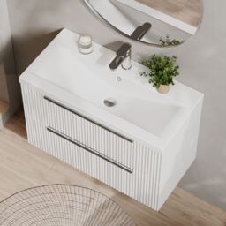 Balterley Fluted Wall Hung 2 Drawer Vanity Basin Unit & Basin 800mm, Satin White - thumbnail 3