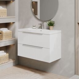 Balterley Fluted Wall Hung 2 Drawer Vanity Basin Unit & Basin 800mm, Satin White - thumbnail 4