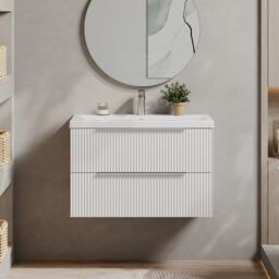 Balterley Fluted Wall Hung 2 Drawer Vanity Basin Unit & Basin 800mm, Satin White - thumbnail 2