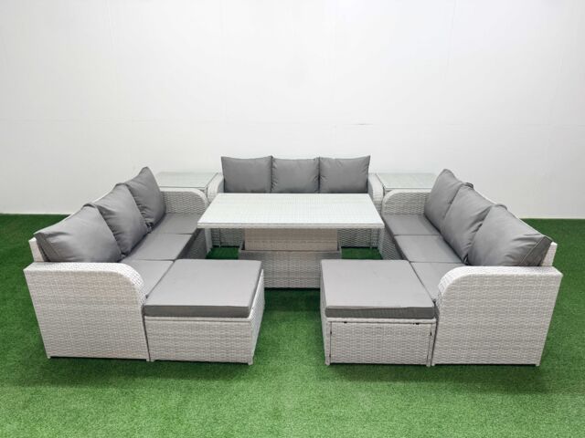 Fimous PE Rattan Lounge Sofa Set 11 Seater Outdoor Garden Furniture Set w/ Adjustable Lifting Dining or Coffee Table 3 Seater Sofa 2 Big Footstools 2 - image 1