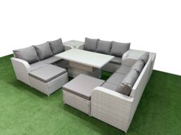 Fimous PE Rattan Lounge Sofa Set 11 Seater Outdoor Garden Furniture Set w/ Adjustable Lifting Dining or Coffee Table 3 Seater Sofa 2 Big Footstools 2 - thumbnail 2