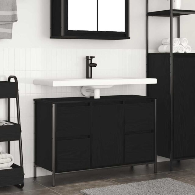 Berkfield Home Basin Cabinet with Drawers Black Oak 90x34.5x60 cm - image 1