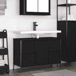 Berkfield Home Basin Cabinet with Drawers Black Oak 90x34.5x60 cm - thumbnail 1