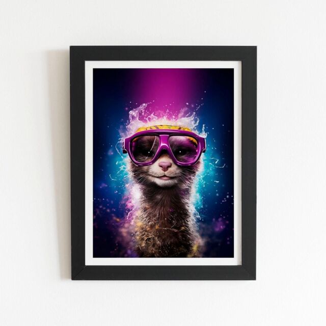 "Warren Reed - Designer Splashart Ferret With Glasses Purple Framed Art Print in Black - Size: W16"" x H24""" - image 1
