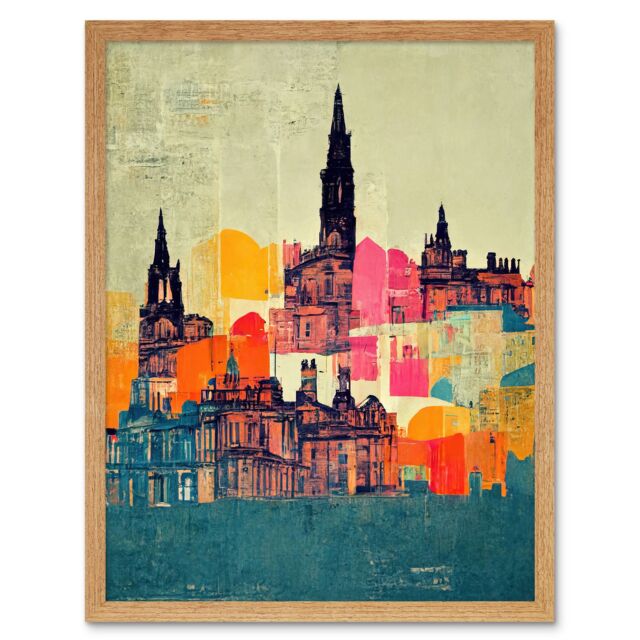 "Artery8 Wall Art Print Boho Abstract Multi Coloured Cityscape Skyline Painting Folk Art Framed in Light Oak - Size: W12"" x H16""" - image 1