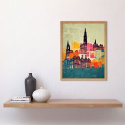"Artery8 Wall Art Print Boho Abstract Multi Coloured Cityscape Skyline Painting Folk Art Framed in Light Oak - Size: W12"" x H16""" - thumbnail 2