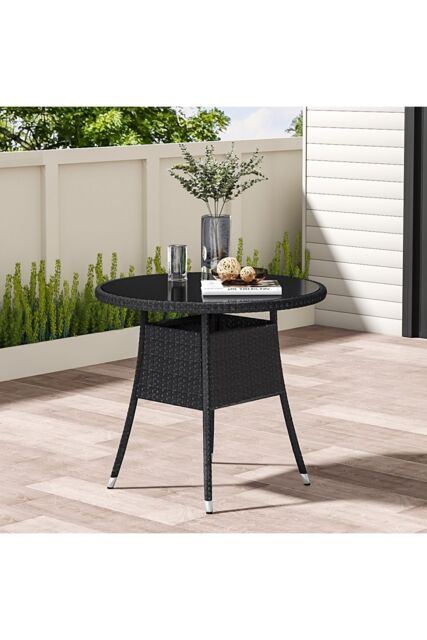 Living and Home 4 Seater Dining Table Garden Wicker Tempered Glass Table with Parasol Hole in Black - image 1