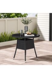 Living and Home 4 Seater Dining Table Garden Wicker Tempered Glass Table with Parasol Hole in Black - thumbnail 1